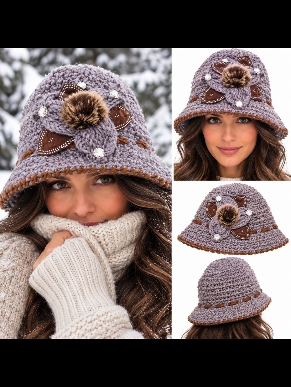 Knit Fall Crochet Bucket Hat Purple Brown Floral Rhinestone Boho Winter Cloche